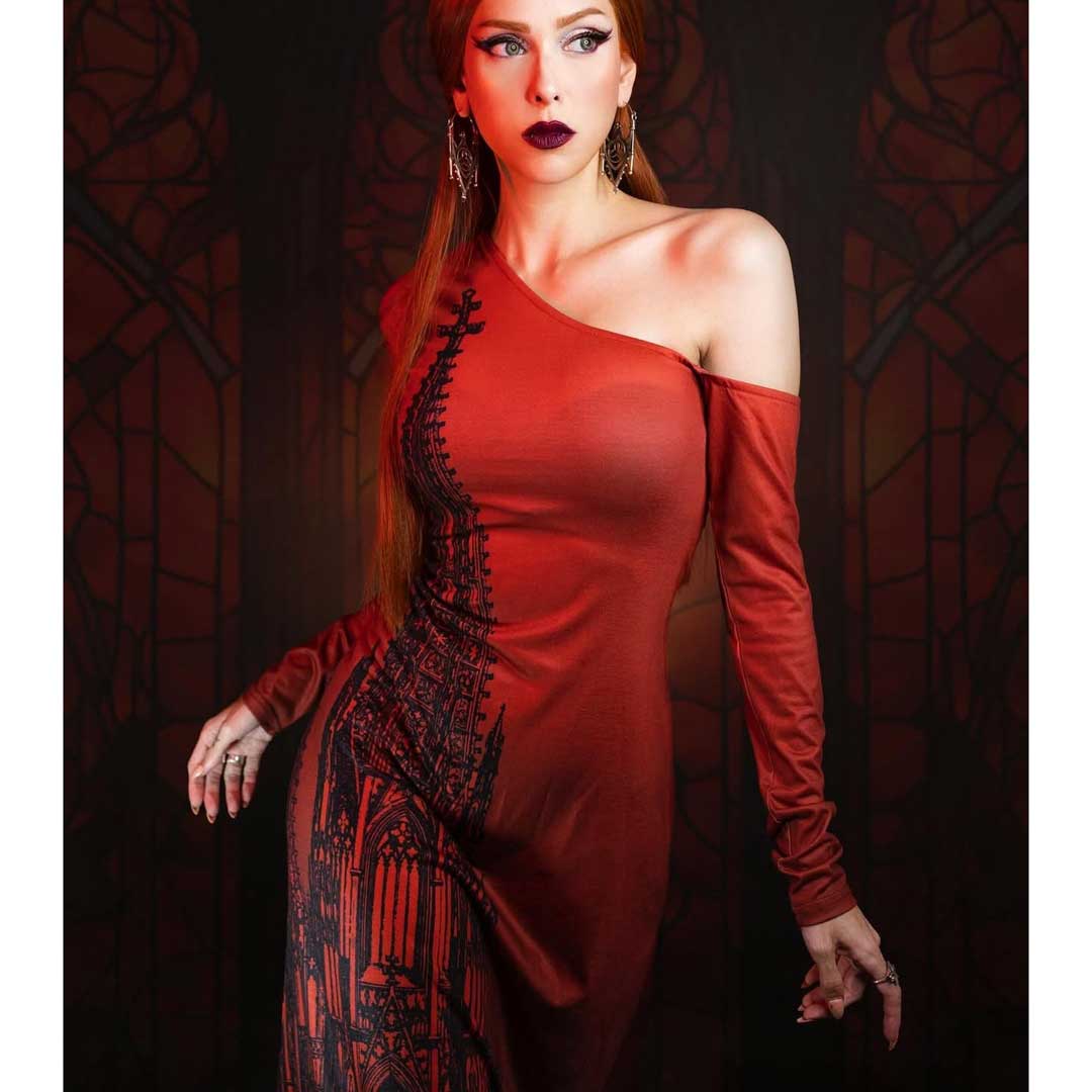 Witchwood Elspeth Red Cathedral Off Shoulder Maxi Dress