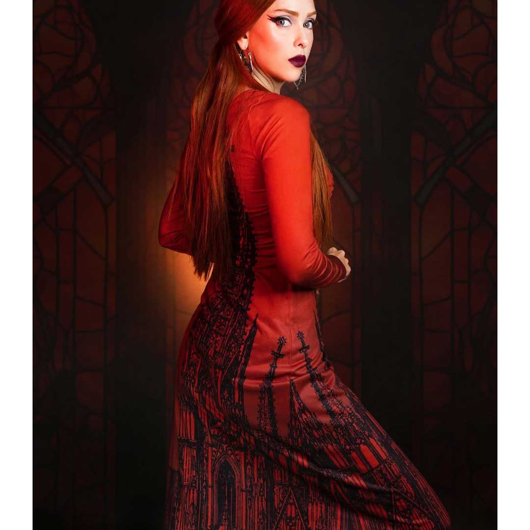 Witchwood Elspeth Red Cathedral Off Shoulder Maxi Dress
