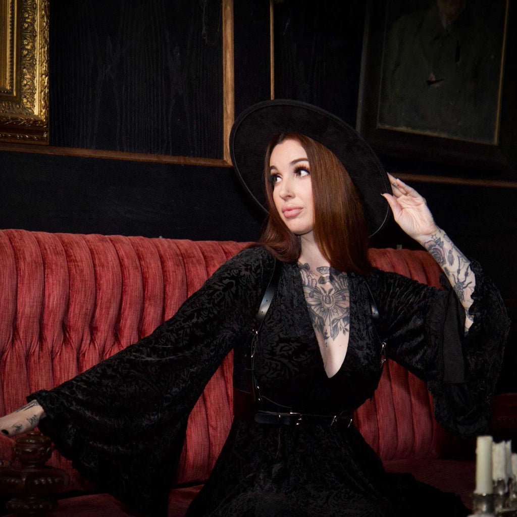 Witchwood Nyx Bell Sleeve Velvet Damask Dress + Harness