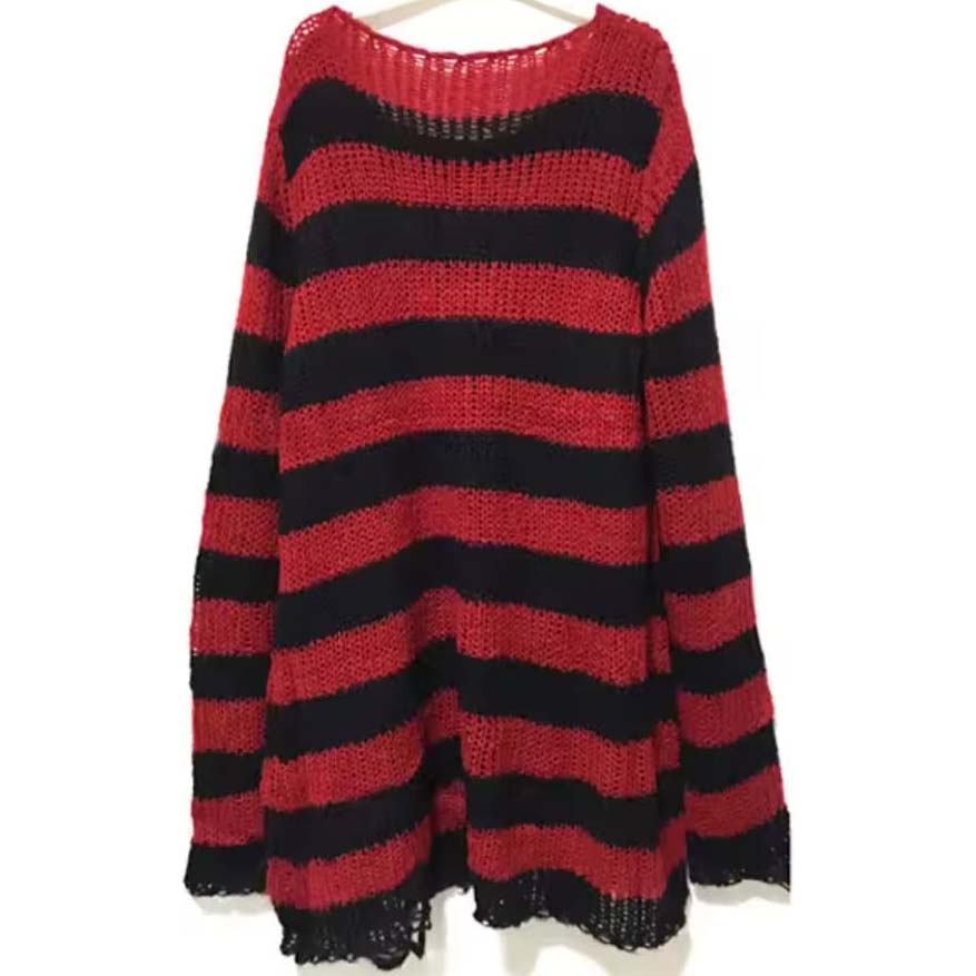 Witchwood Unisex Distressed Sweater Red Black Stripe