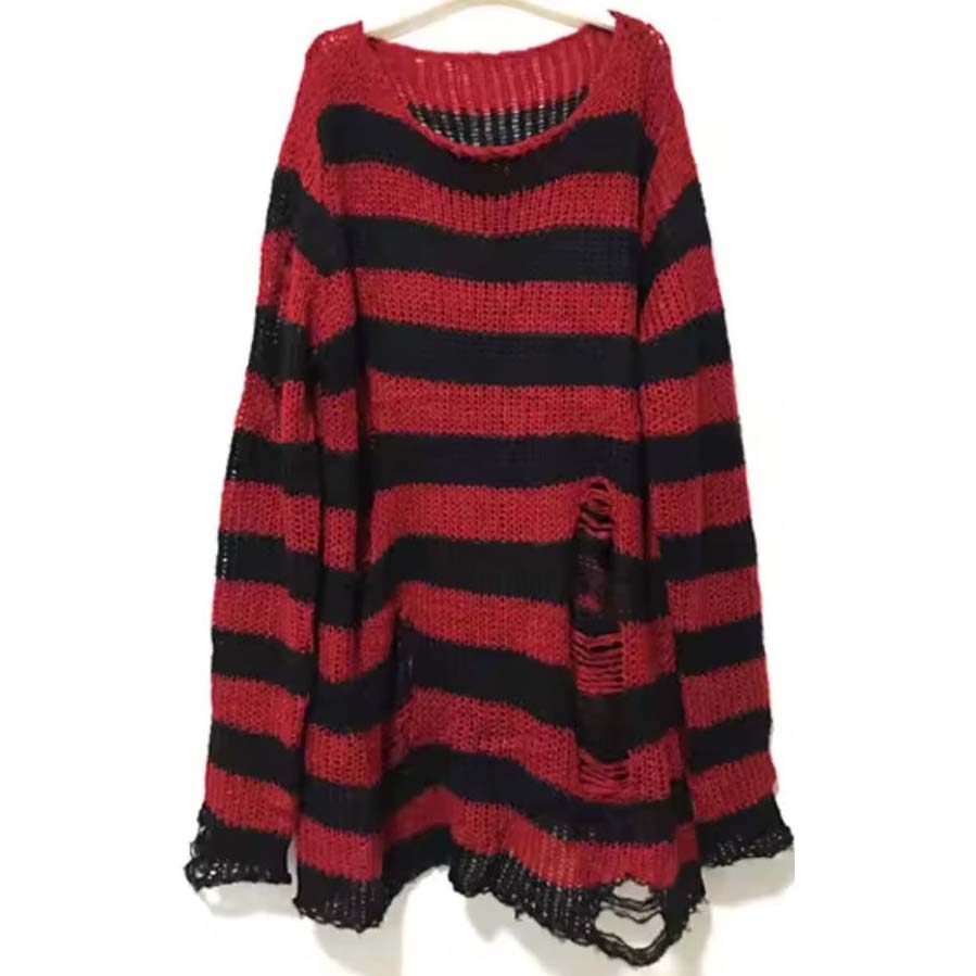 Witchwood Unisex Distressed Sweater Red Black Stripe