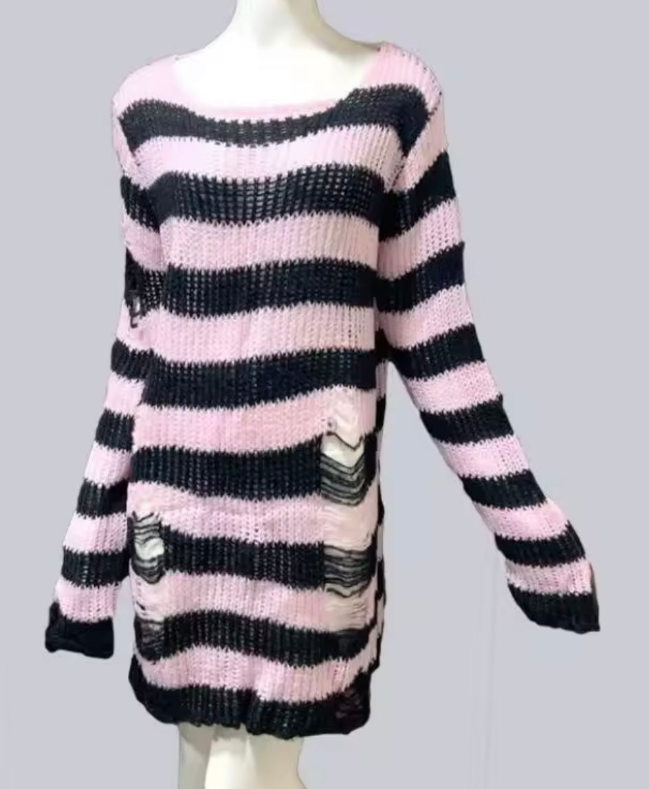Witchwood Distressed Unisex Sweater Pastel Prink Black Stripe