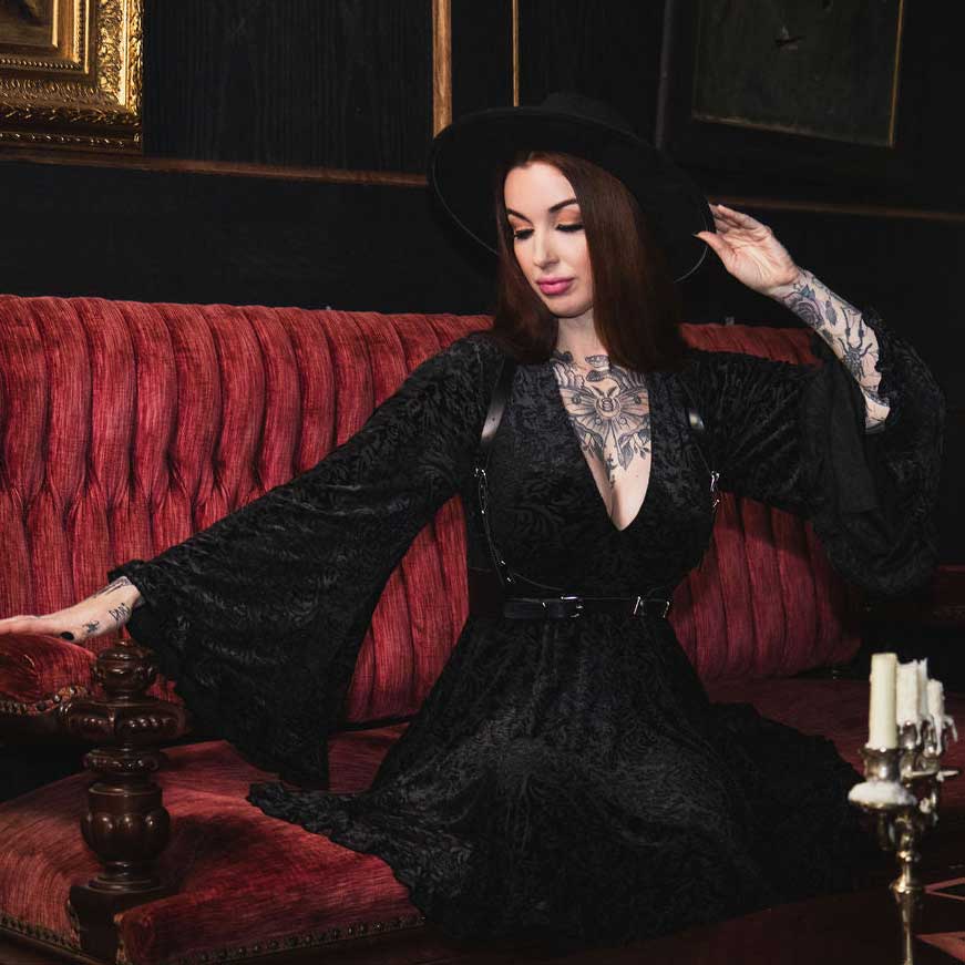 Witchwood Nyx Bell Sleeve Velvet Damask Dress + Harness