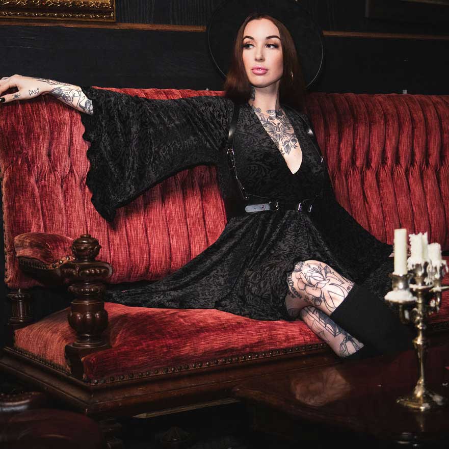Witchwood Nyx Bell Sleeve Velvet Damask Dress + Harness