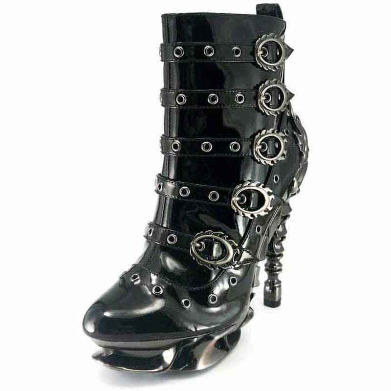 Hades MACHINA Black Vegan Patent Leather Buckles Boot