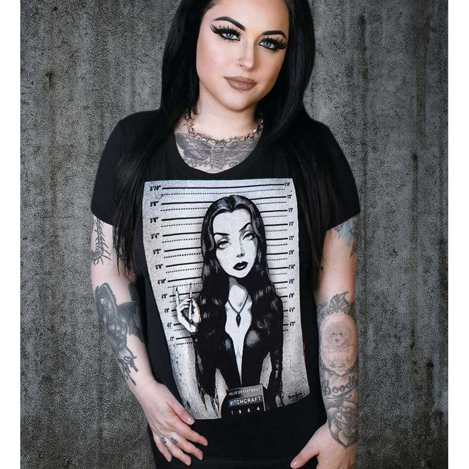 Lowbrow Art Morticia Mugshot Black Tee