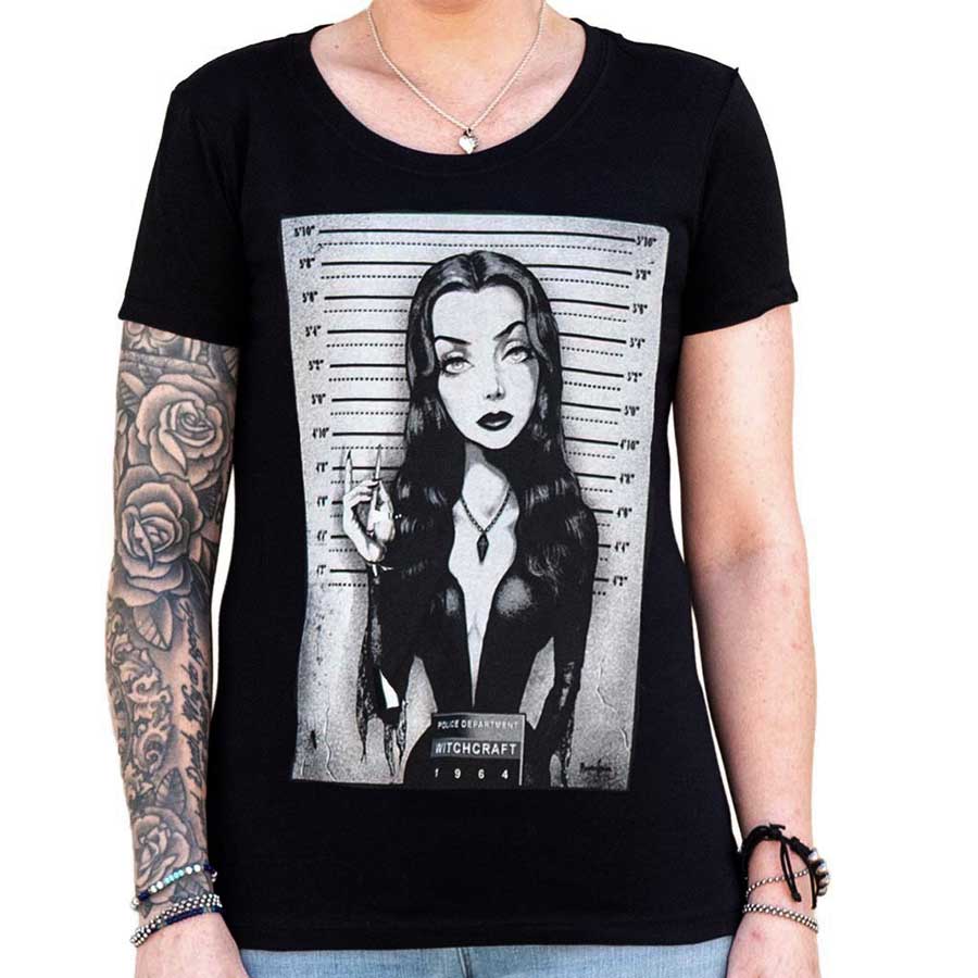 Lowbrow Art Morticia Mugshot Black Tee