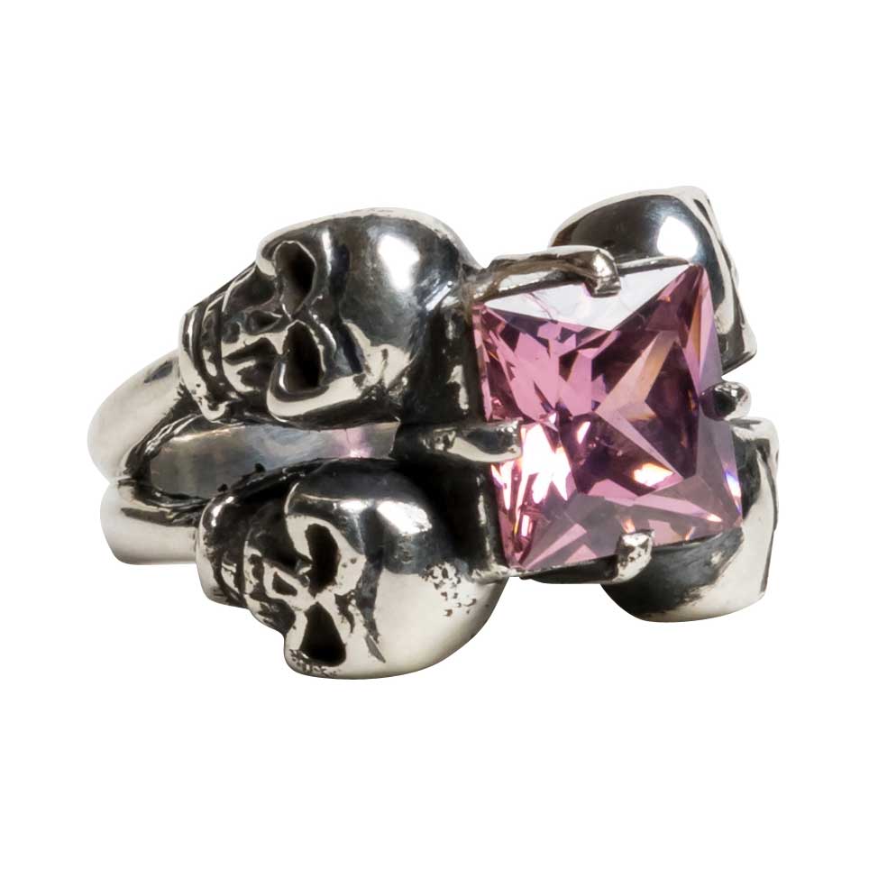 Femme Metale 4 Friends Skulls Pink Gem Fine 925 Silver Ring