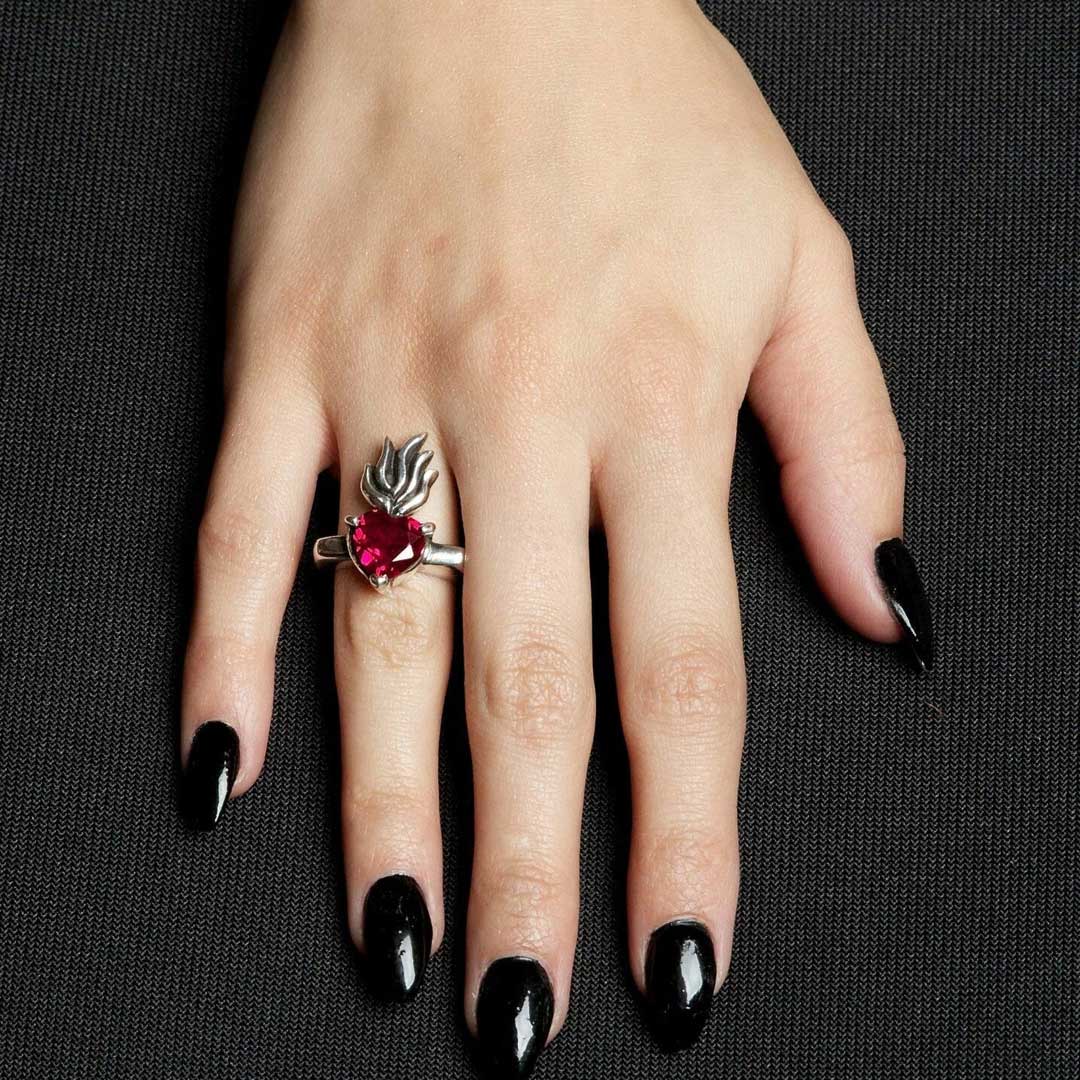 Femme Metale Sacred Heart Red CZ 925 Sterling Silver Ring