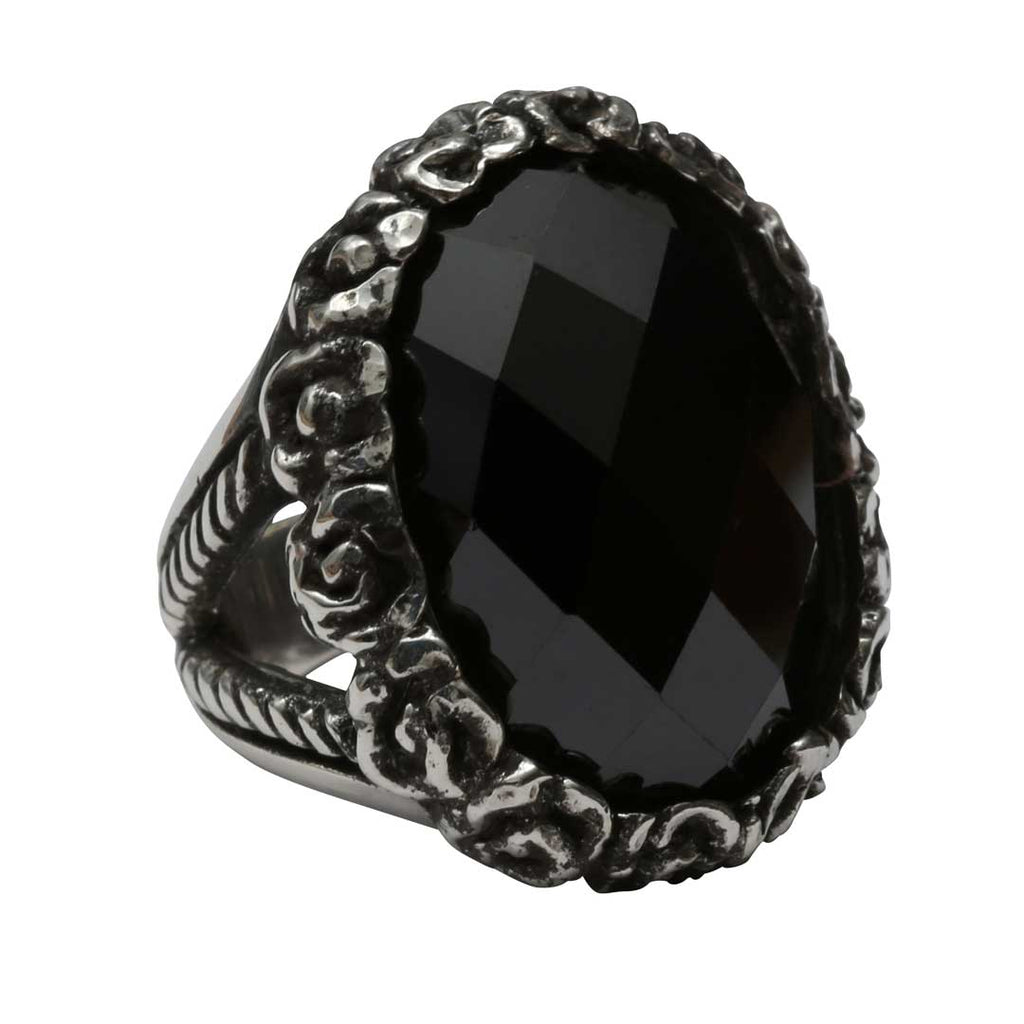 Black stone ring with silver decorative band on a white background