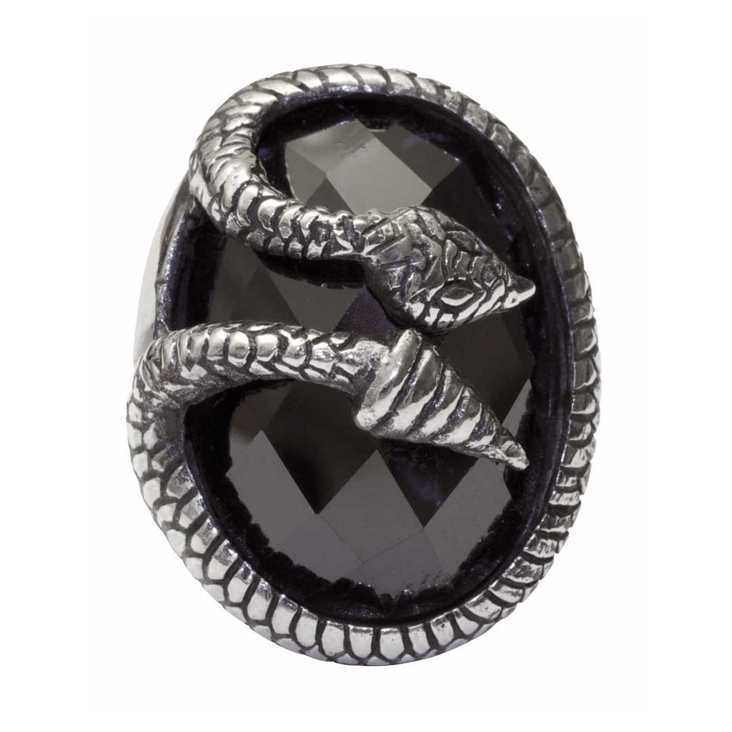 Silver ring with snake design on a black stone background
