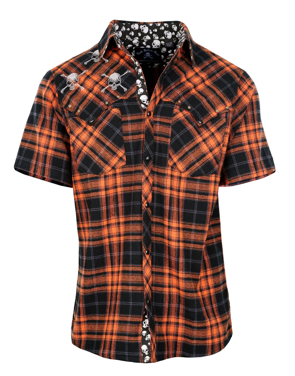 Rock Roll n Soul S/S Master of Puppets V Orange Plaid Skulls Shirt
