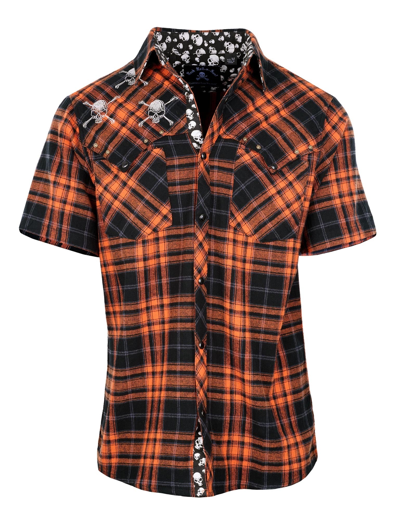 Rock Roll n Soul S/S Master of Puppets V Orange Plaid Skulls Shirt
