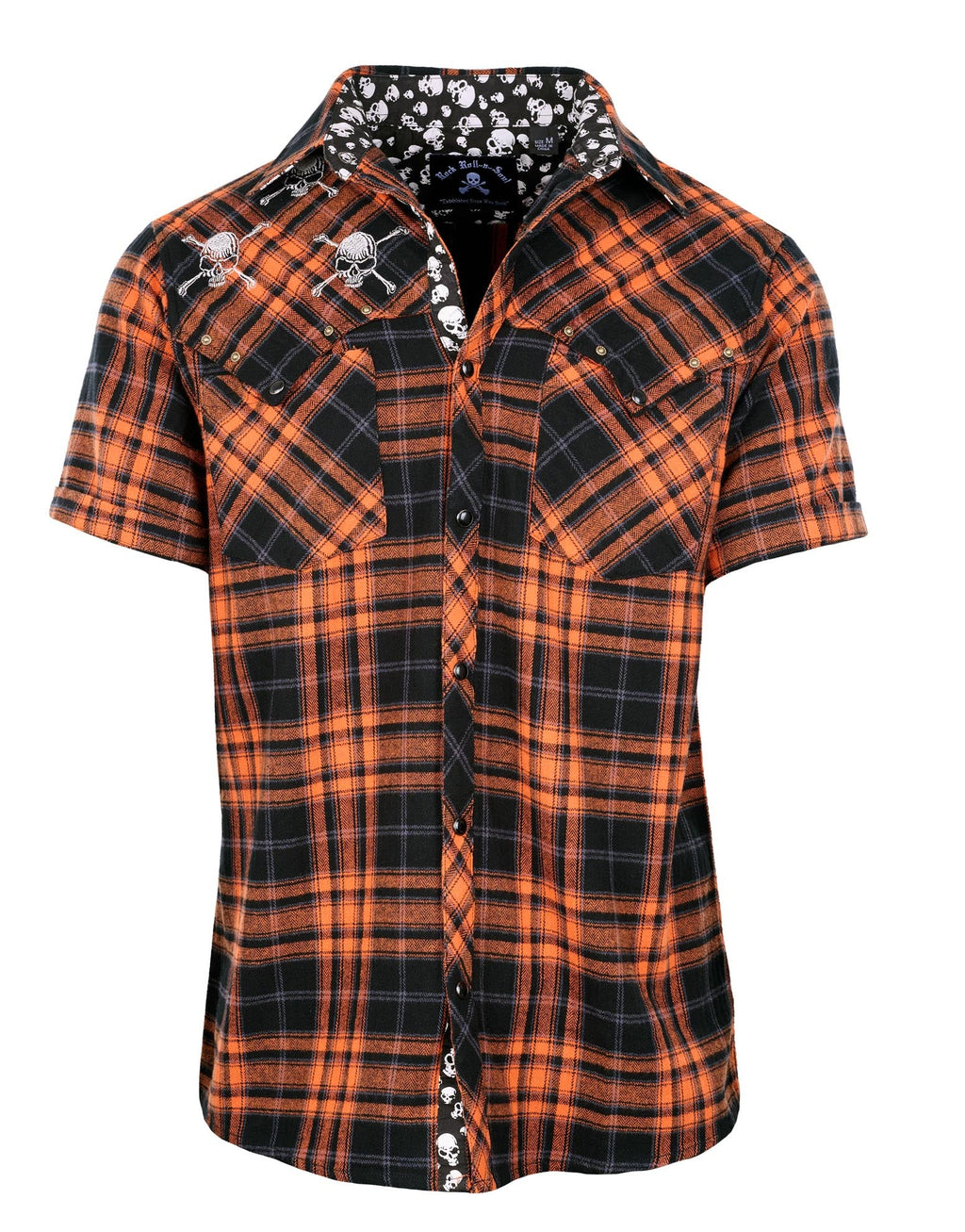 Rock Roll n Soul S/S Master of Puppets V Orange Plaid Skulls Shirt