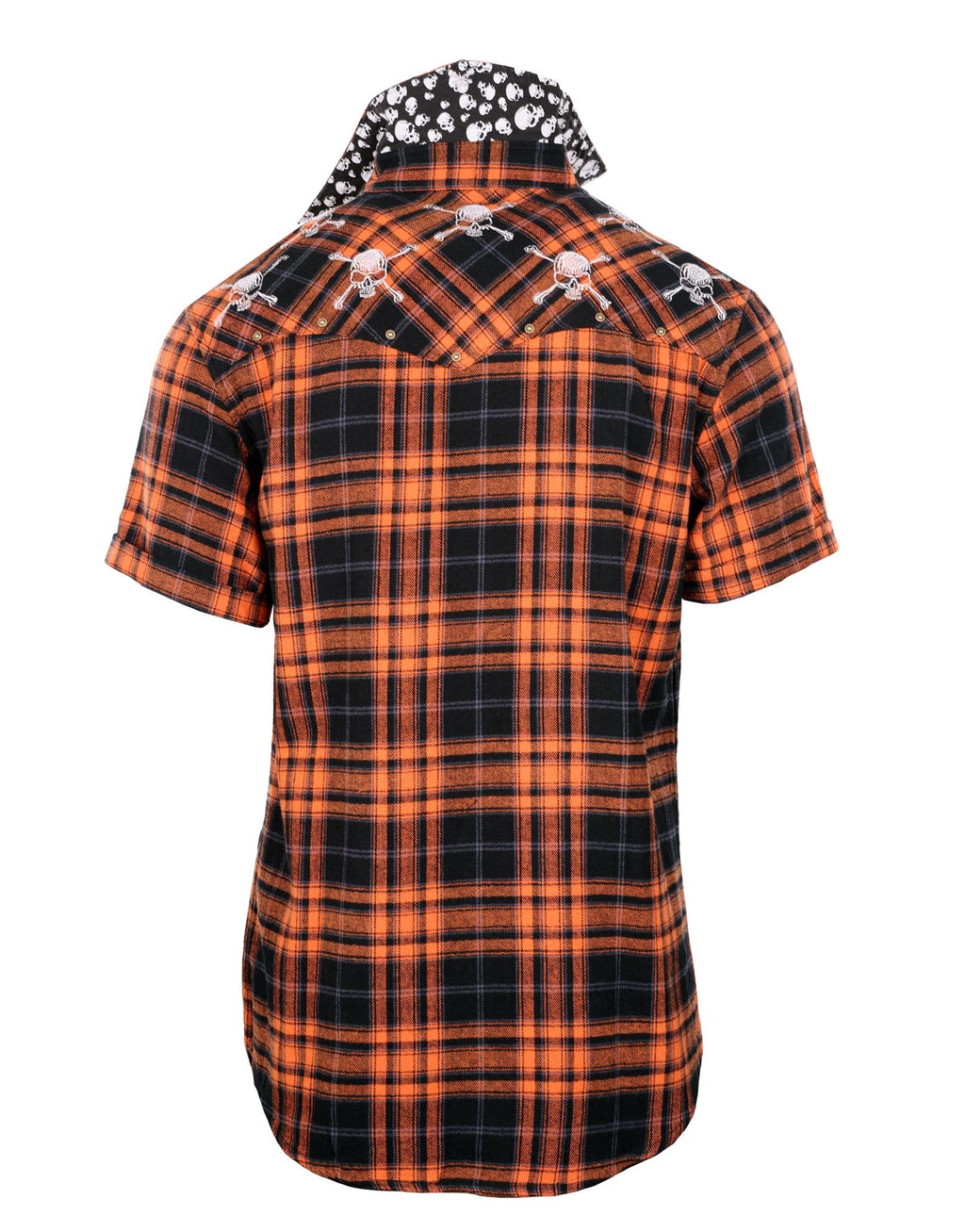 Rock Roll n Soul S/S Master of Puppets V Orange Plaid Skulls Shirt