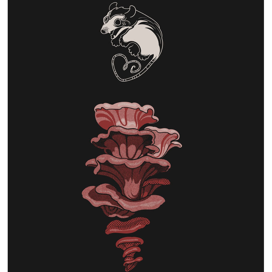 Embroidered design of a flower and a bear on a black background