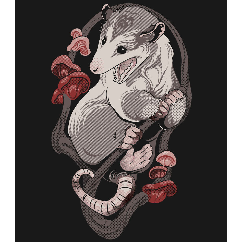 Illustration of a stylized opossum with red flowers on a black background