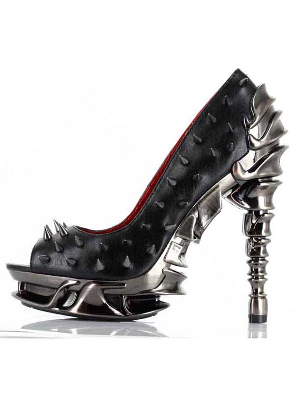 Hades TALON Black Spiked Stud 5" High Spinal Heels Peep Toe 6-11