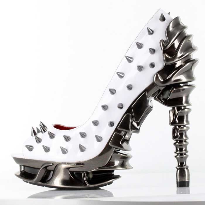 Hades TALON White Spiked Stud 5" Spinal Chrome Heels Peep Toe 6-11