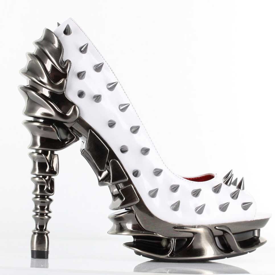 Hades TALON White Spiked Stud 5" Spinal Chrome Heels Peep Toe 6-11