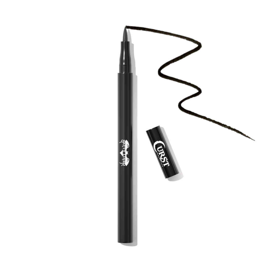 Black eyeliner pen with a wavy line on a white background