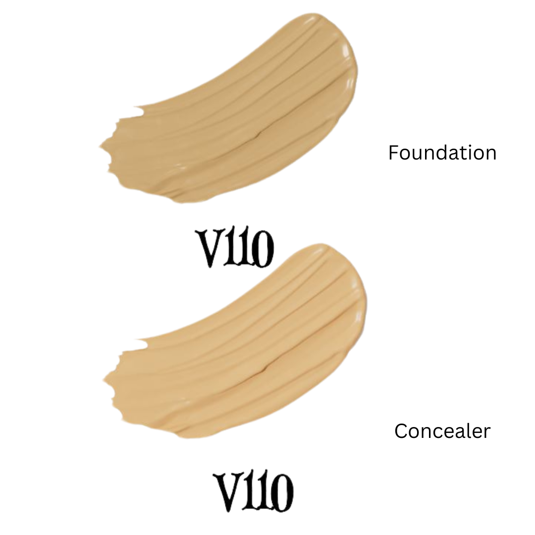 Two swatches of foundation and concealer labeled V110 on a white background.