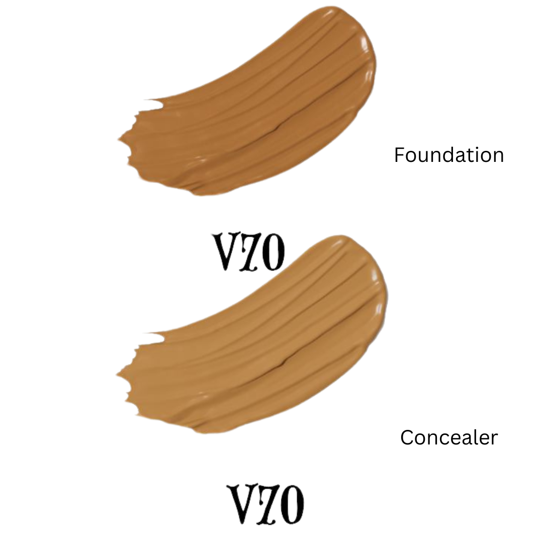 Two brown swatches labeled 'Foundation' and 'Concealer' with 'V70' text on a white background.