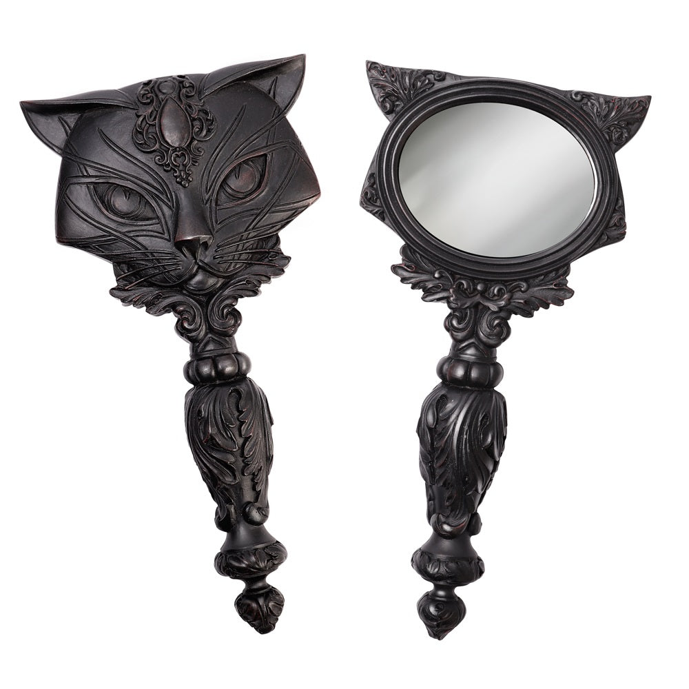 Alchemy Gothic Sacred Cat Hand Mirror Silver or Black V64