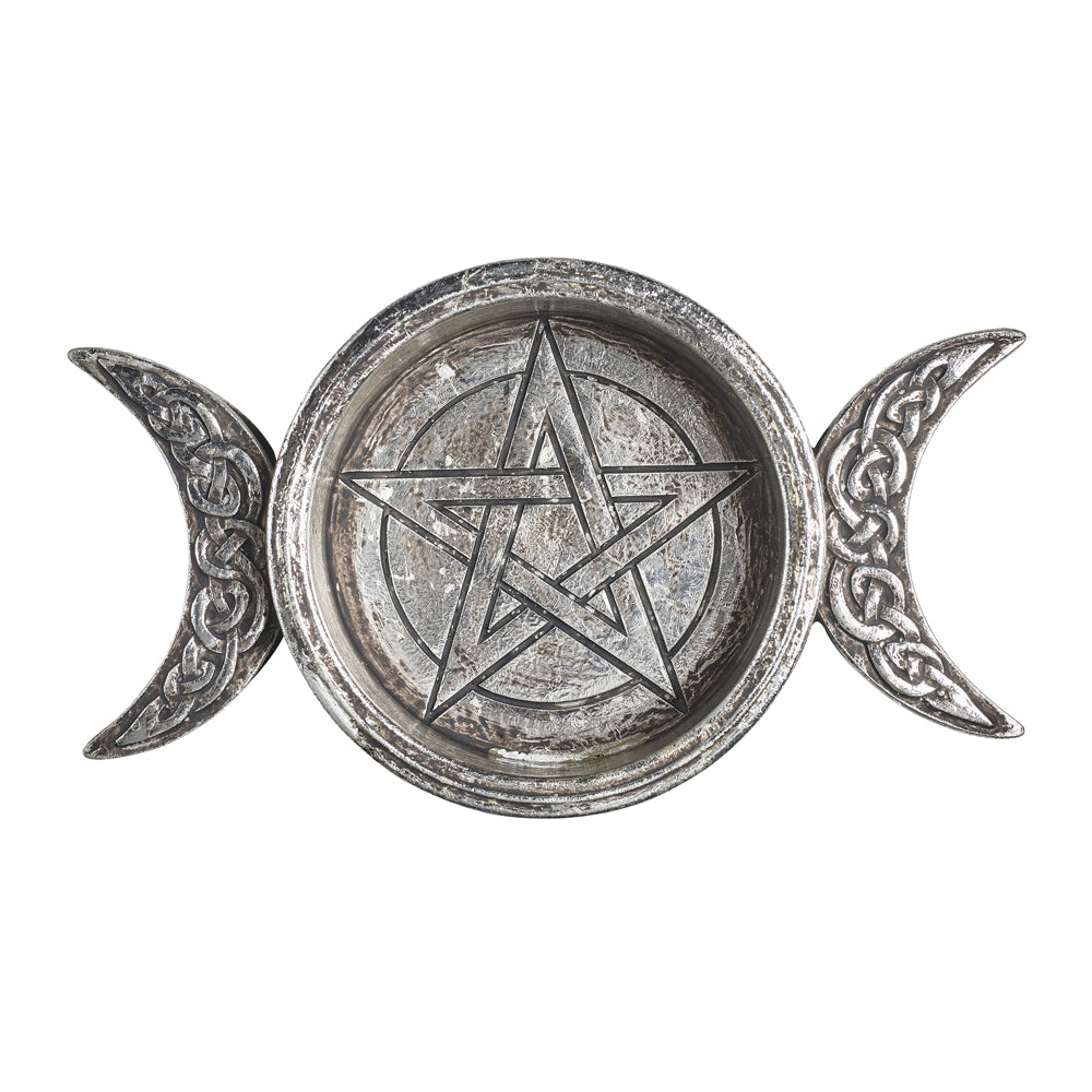 Decorative item with pentagram and crescent moon designs on a white background