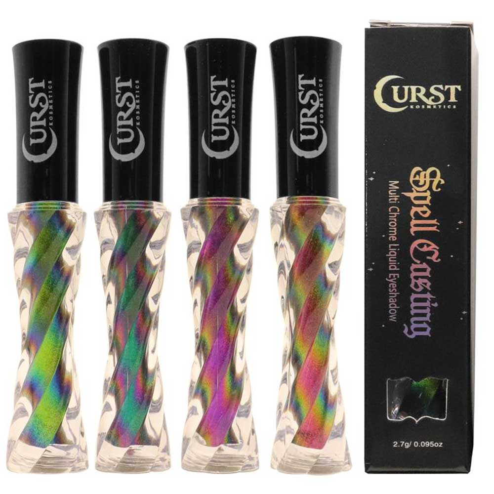 Four multicolored eyeshadow products with a black box labeled 'Curst' on a white background.