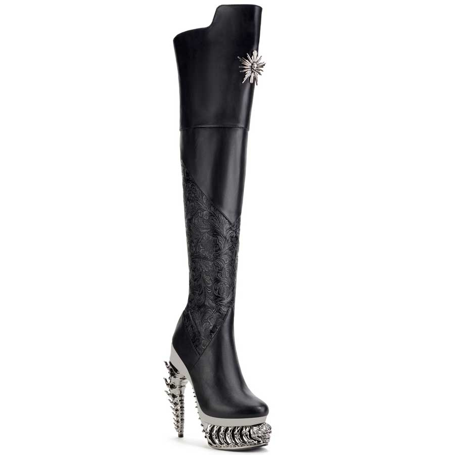 Hades AKASHA Black Thigh High Boots 5" High Dragon Chrome Heels 6-12