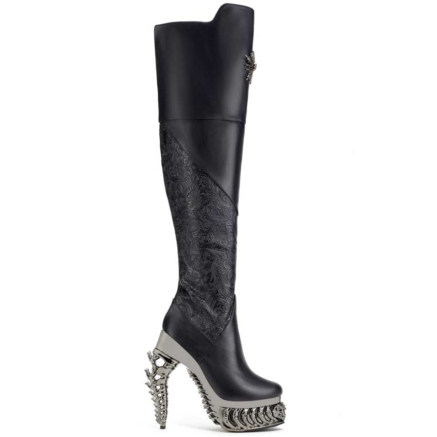Hades AKASHA Black Thigh High Boots 5" High Dragon Chrome Heels 6-12