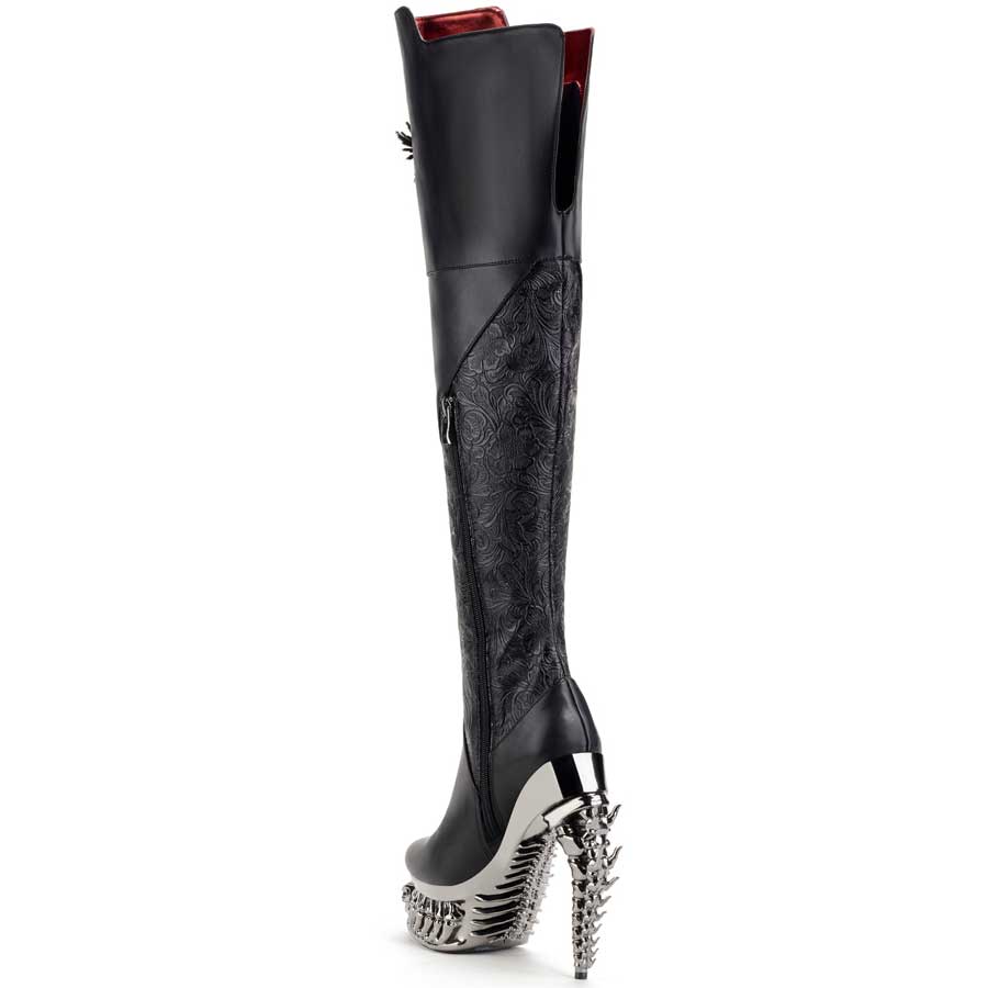 Hades AKASHA Black Thigh High Boots 5" High Dragon Chrome Heels 6-12