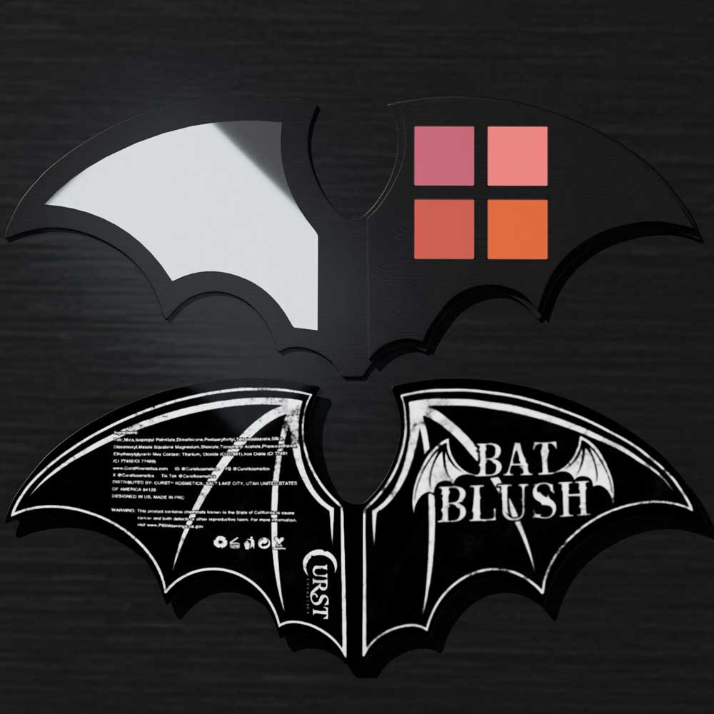 Bat-shaped blush packaging with four color swatches on a dark background