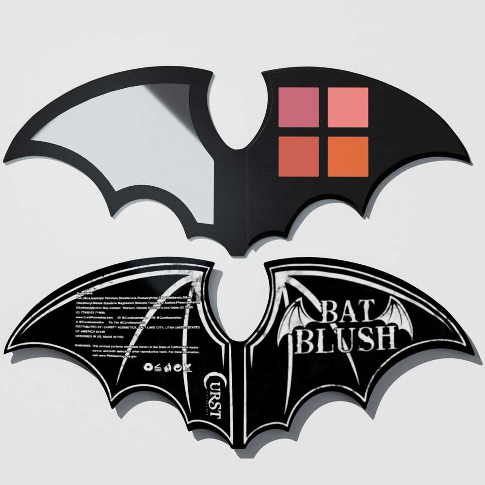 Bat-shaped makeup product with four color swatches on a light gray background