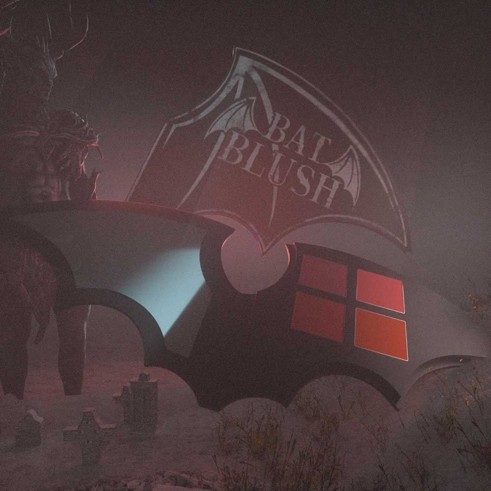 Gothic-style vehicle with 'Bal Blush' logo in a dark, moody setting