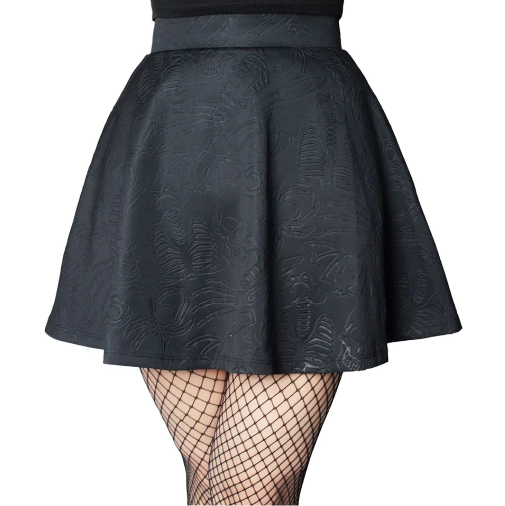 Kreepsville 666 Death Repeat Black Embossed Skater Skirt