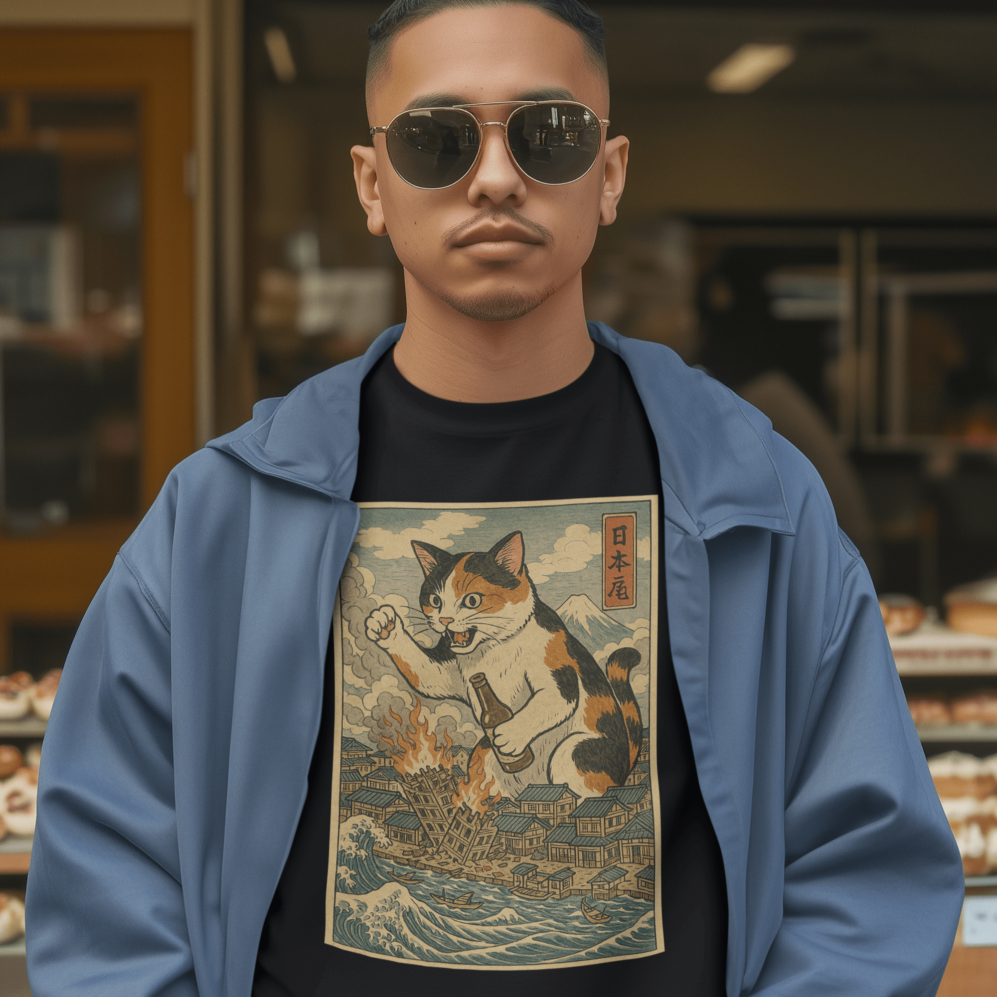 Original Underground Cat Destroying City Ukiyo-E Tee