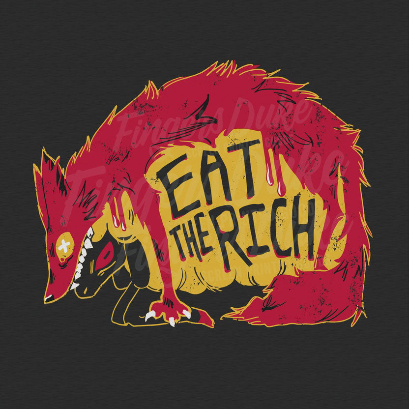 Illustration of a red wolf pelt with 'Eat the Rich' text on a black background