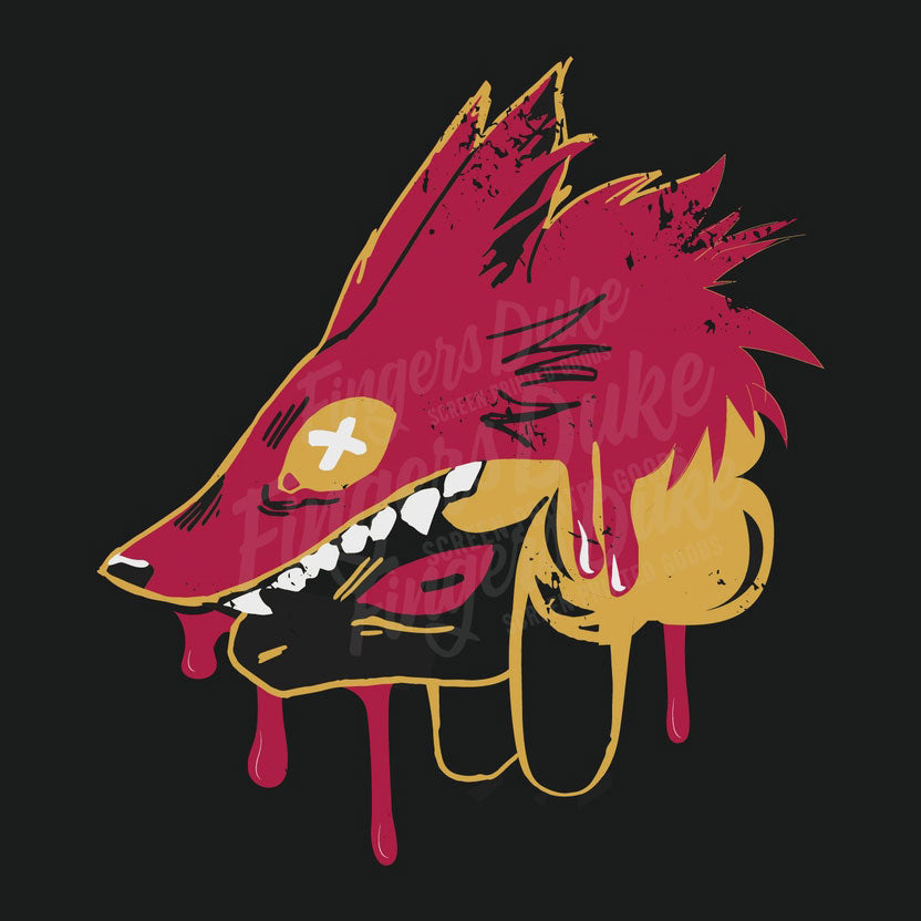 Colorful graphic of a stylized wolf head with red, yellow, and black colors on a black background.