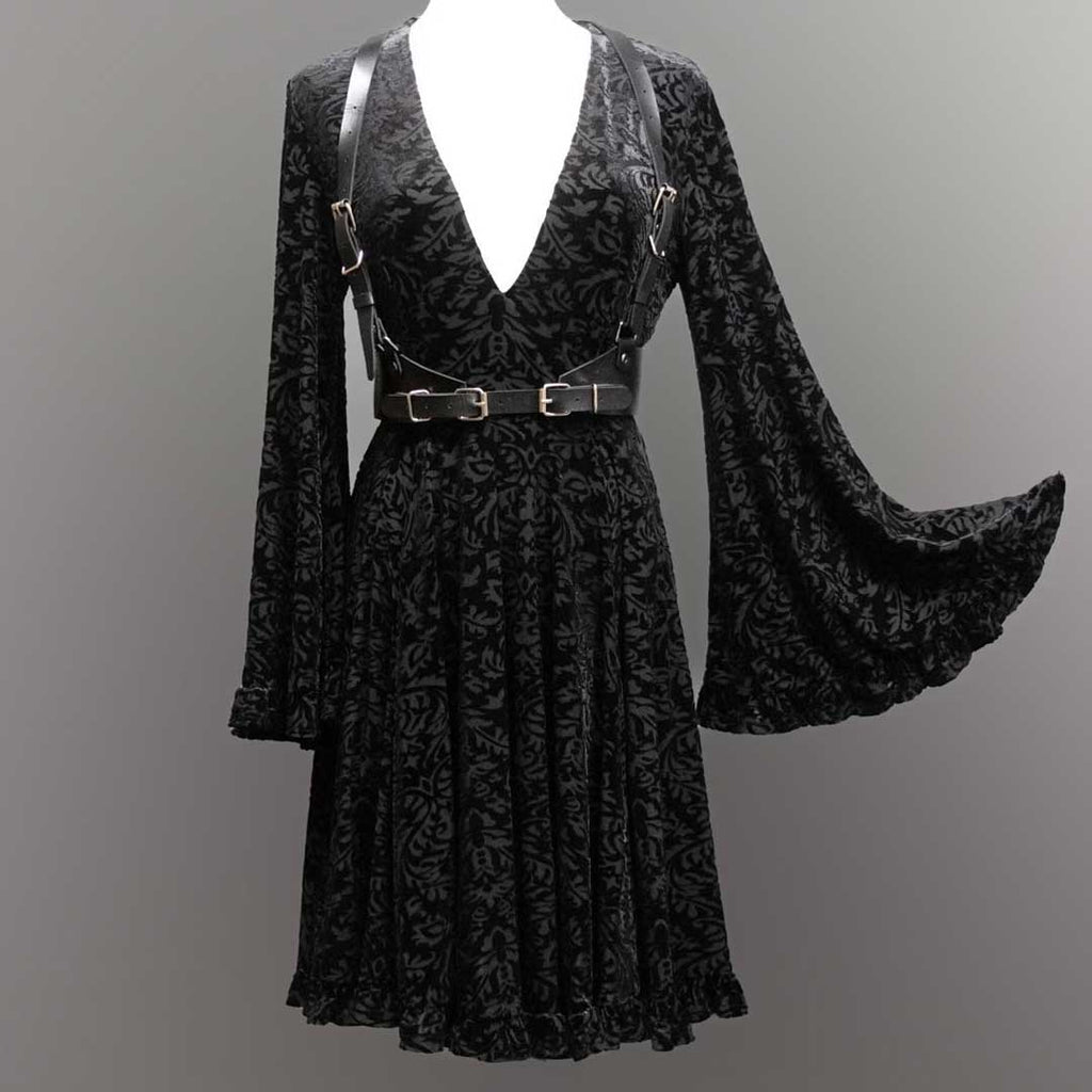 Witchwood Nyx Bell Sleeve Velvet Damask Dress + Harness