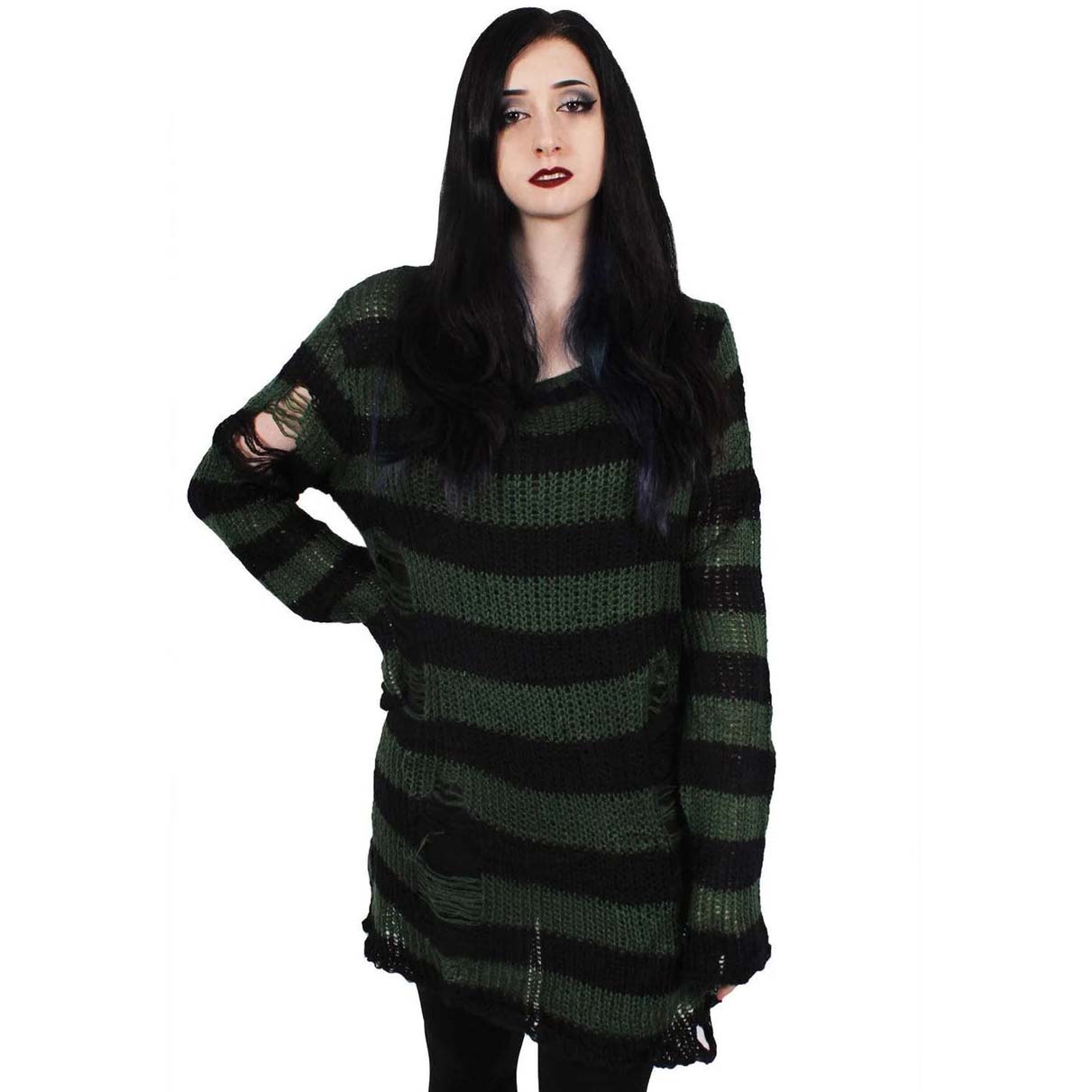 Witchwood Unisex Distressed Sweater Green Black Stripe