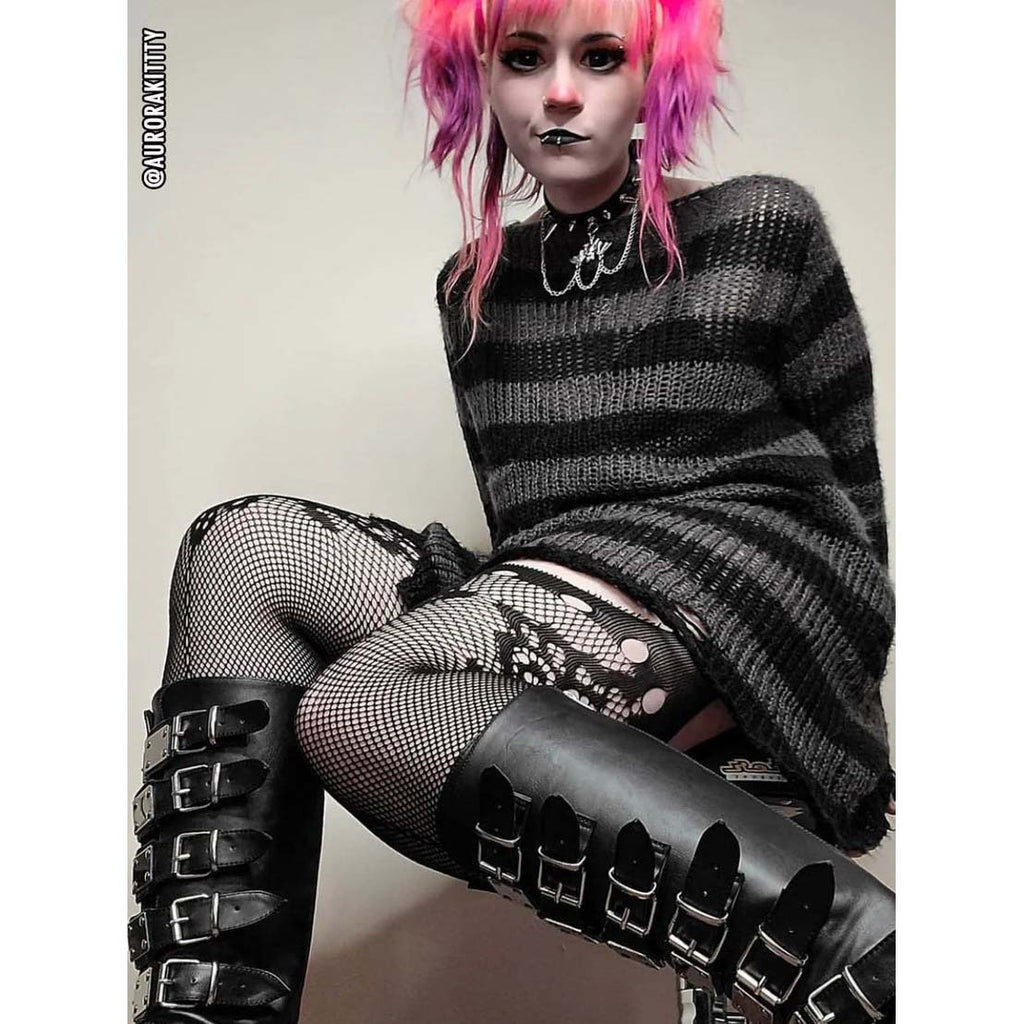 Witchwood Unisex Distressed Sweater Grey Black Stripe