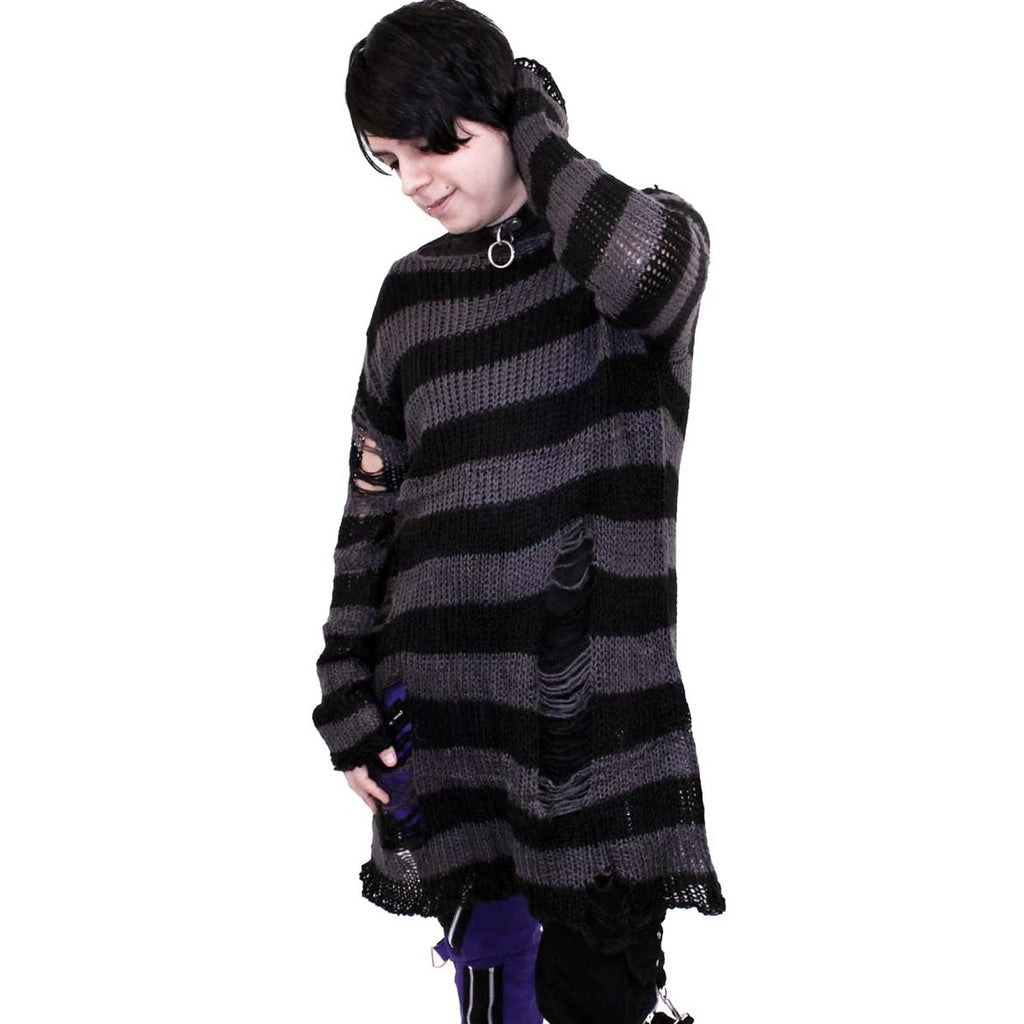 Witchwood Unisex Distressed Sweater Grey Black Stripe