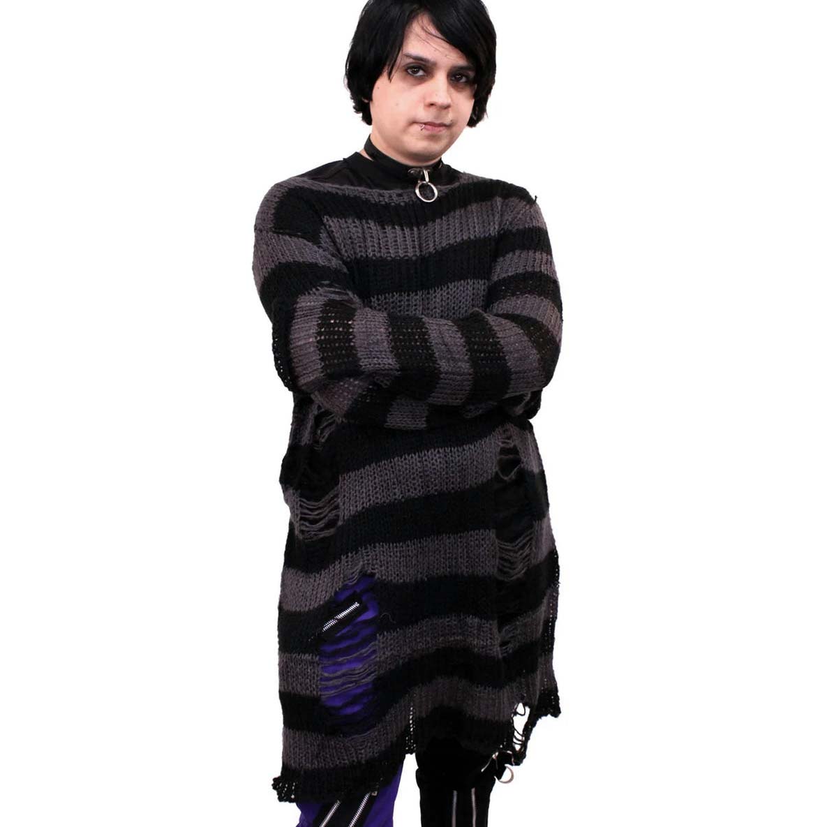 Witchwood Unisex Distressed Sweater Grey Black Stripe