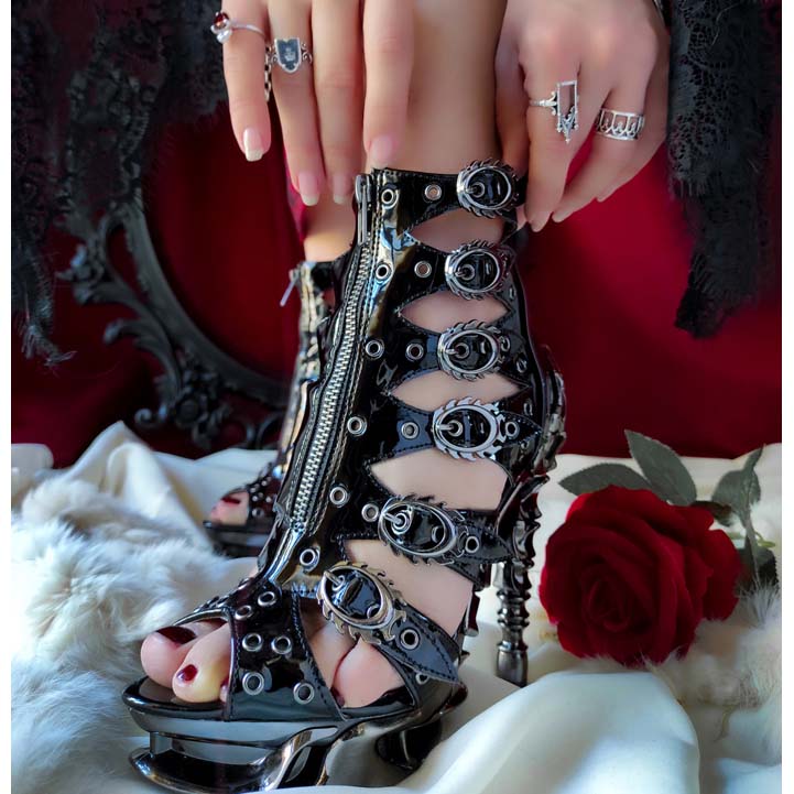 Hades CRIMSON Black Patent Ankle Boots Buckles 5" Spinal Heel 6-11