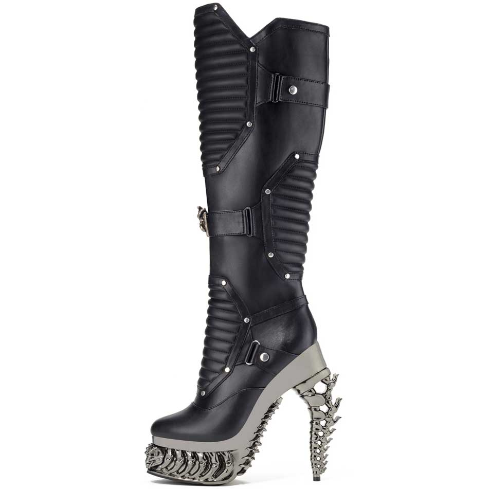 Hades HEL Black Knee High Boots 5" High Dragon Chrome Heels 6-12