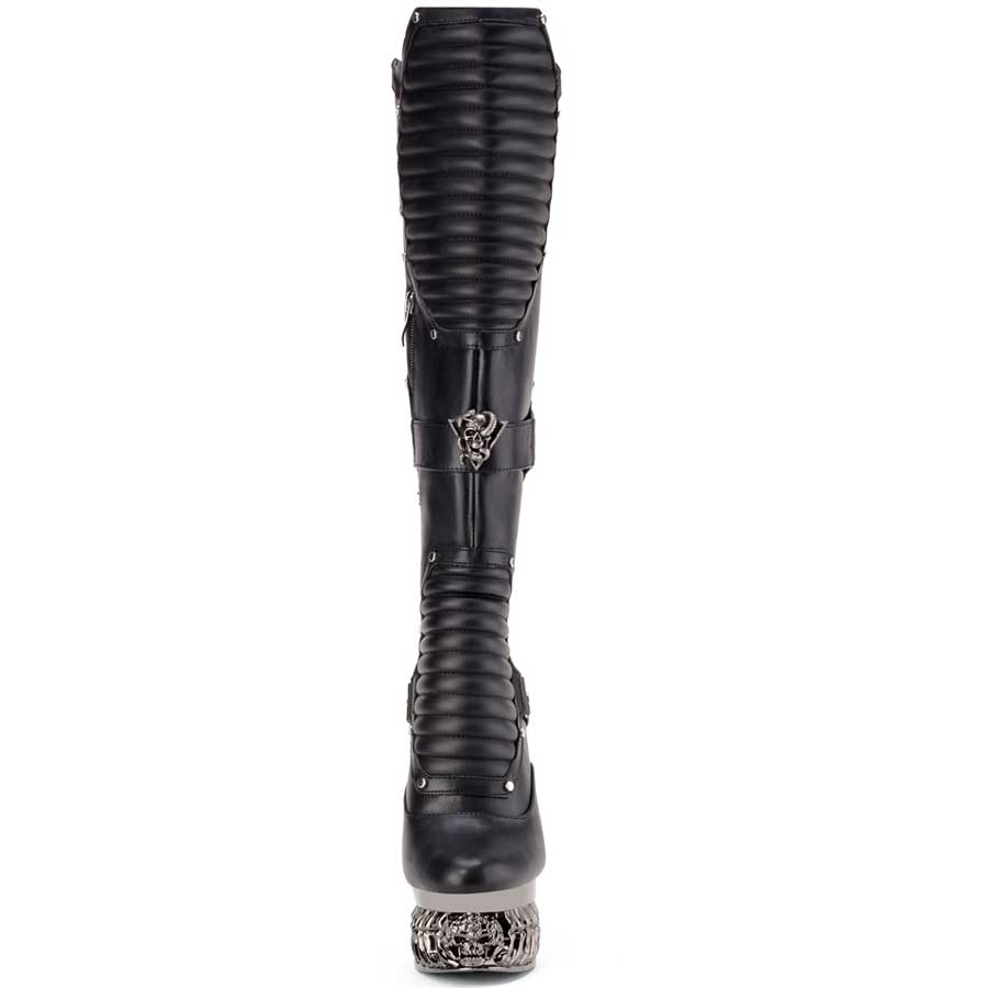 Hades HEL Black Knee High Boots 5" High Dragon Chrome Heels 6-12
