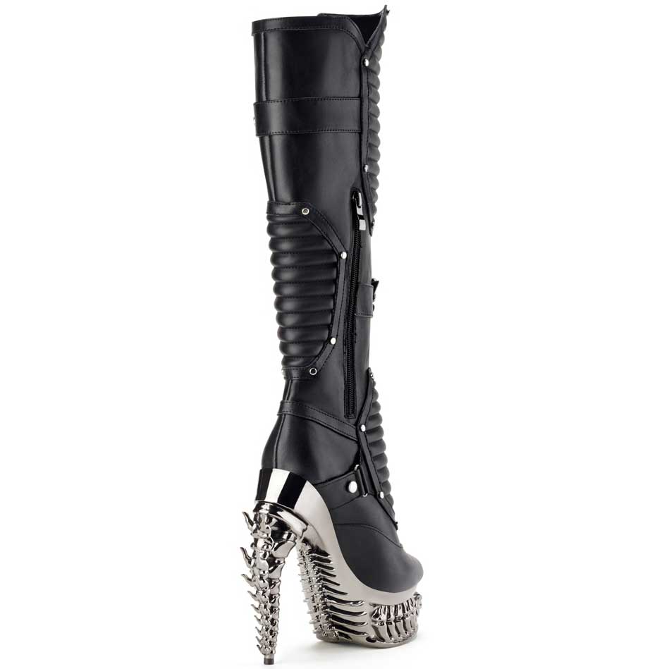 Hades HEL Black Knee High Boots 5" High Dragon Chrome Heels 6-12