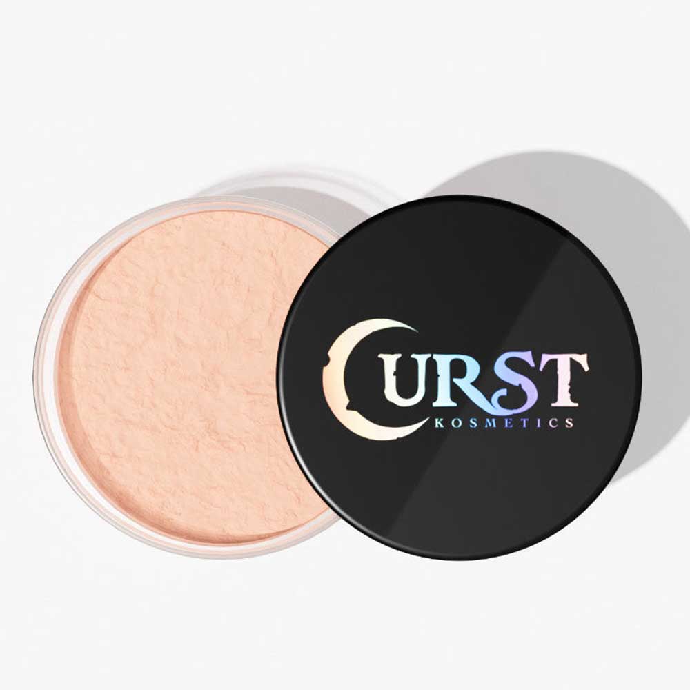 Cosmetic powder container with black lid featuring 'Curst Kosmetics' logo on a white background
